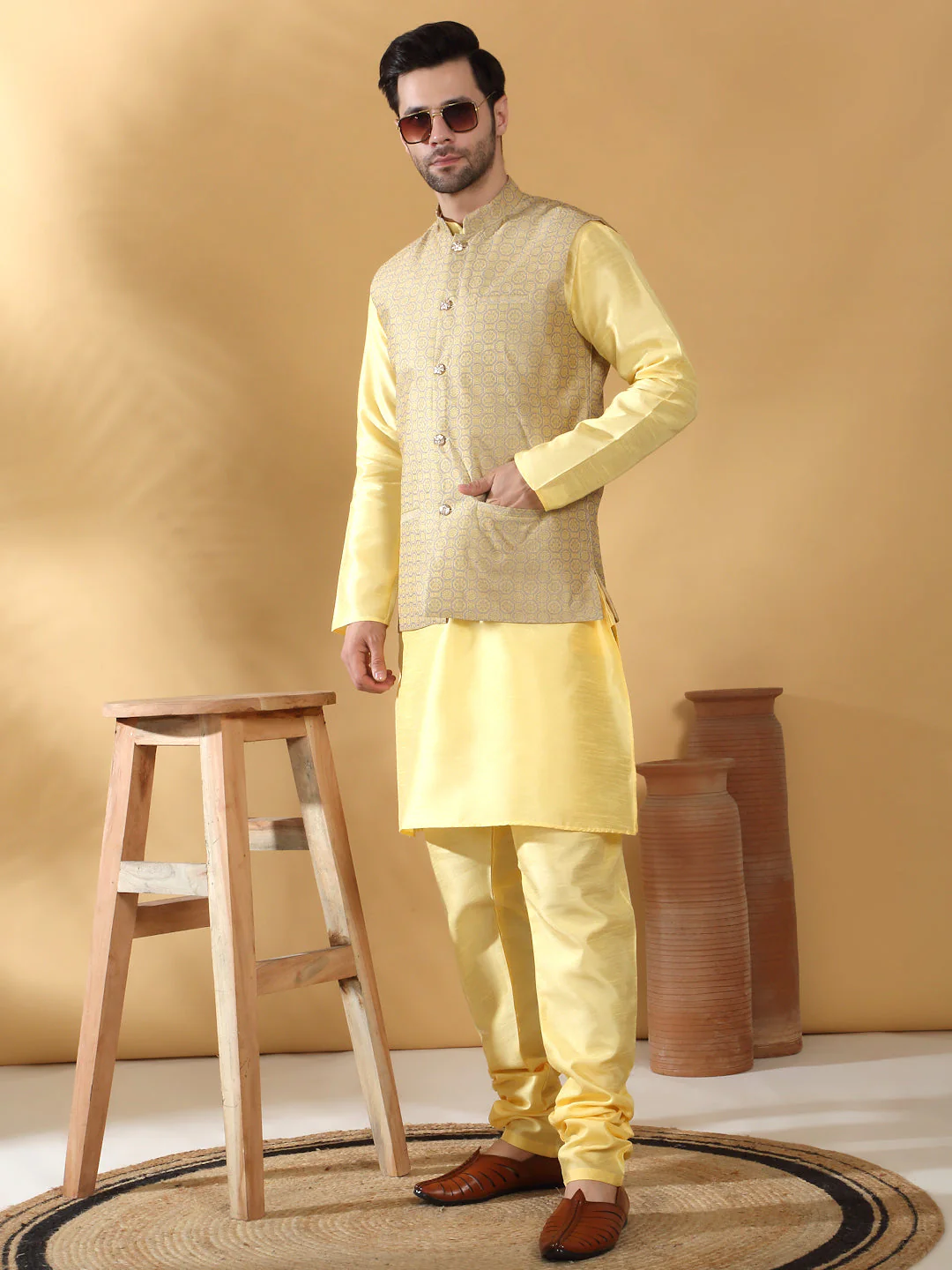 Lime Yellow Silk Blend Kurta churidar with Jacquard Geometric Sleeveless Nehru Jacket set - Image 8
