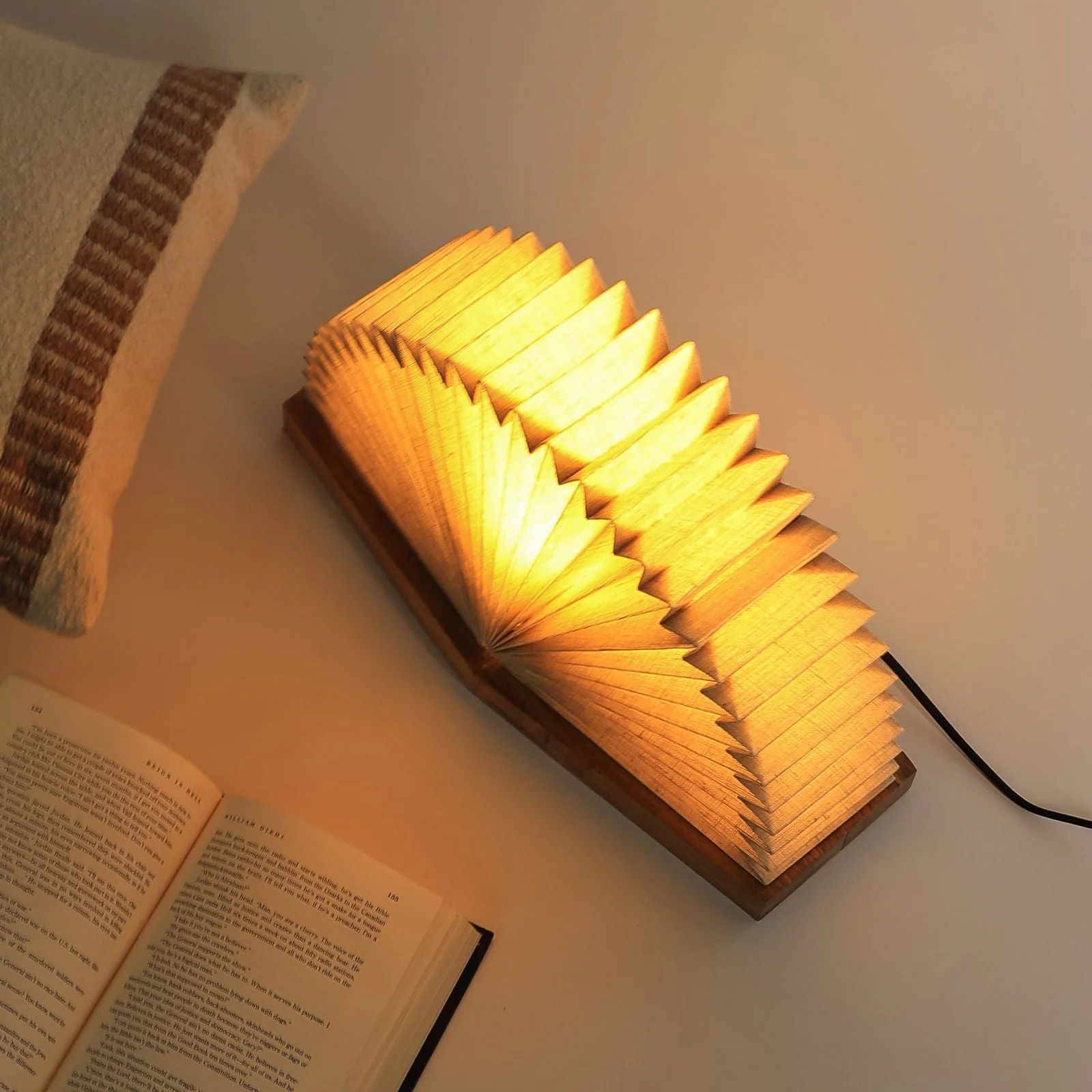 Linen Book Table Lamp Designed For Modern Spaces, 100% Linen Lampshade , Mango Wood Base - Image 3