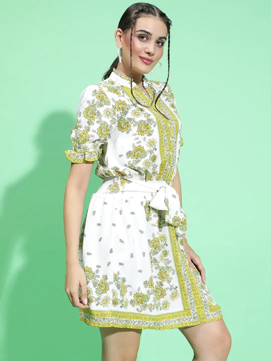 Lively Green Scarf Floral Print Waist Tie-Knot Belt Detail Women Dress - Image 4