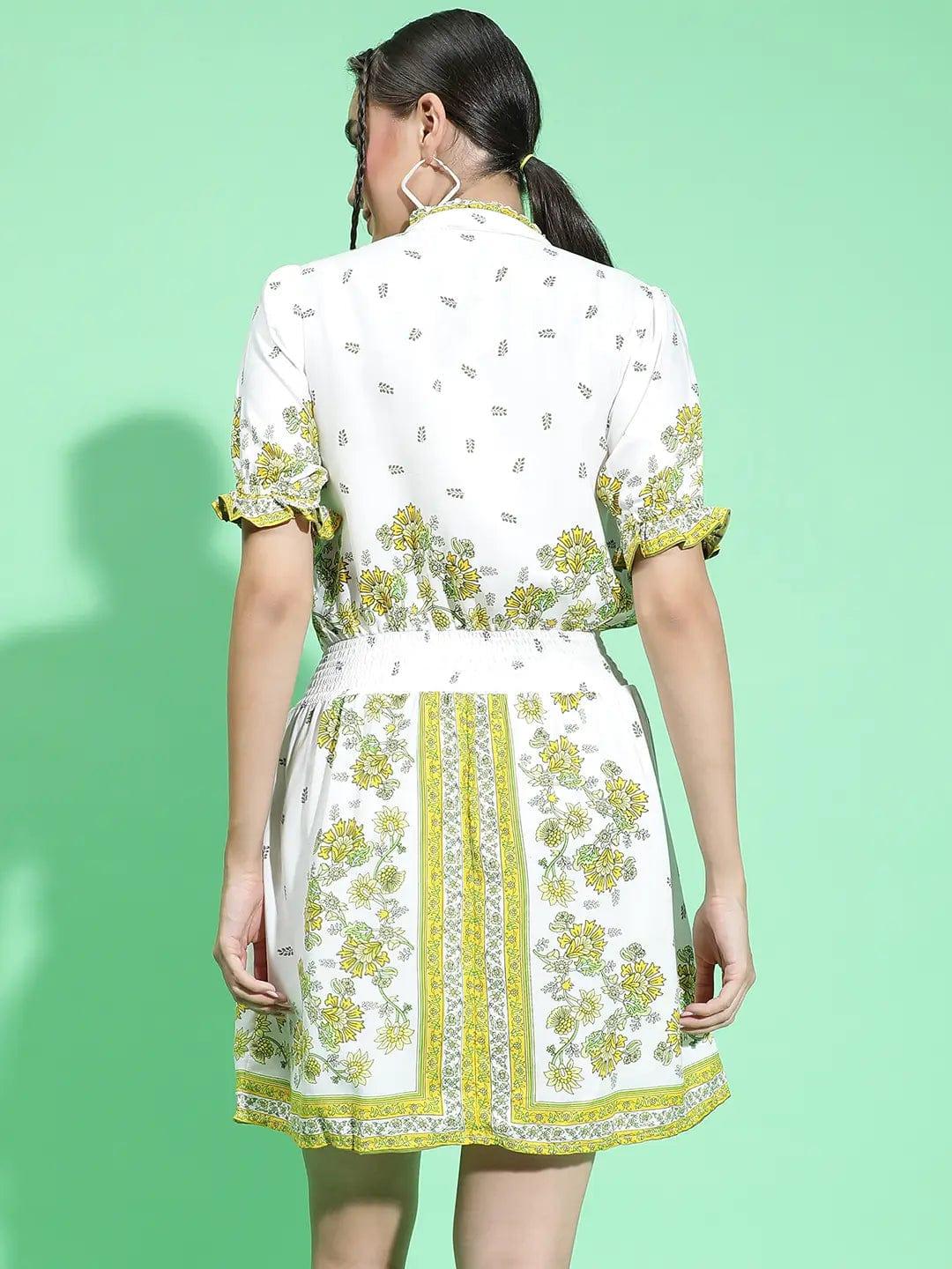 Lively Green Scarf Floral Print Waist Tie-Knot Belt Detail Women Dress - Image 5