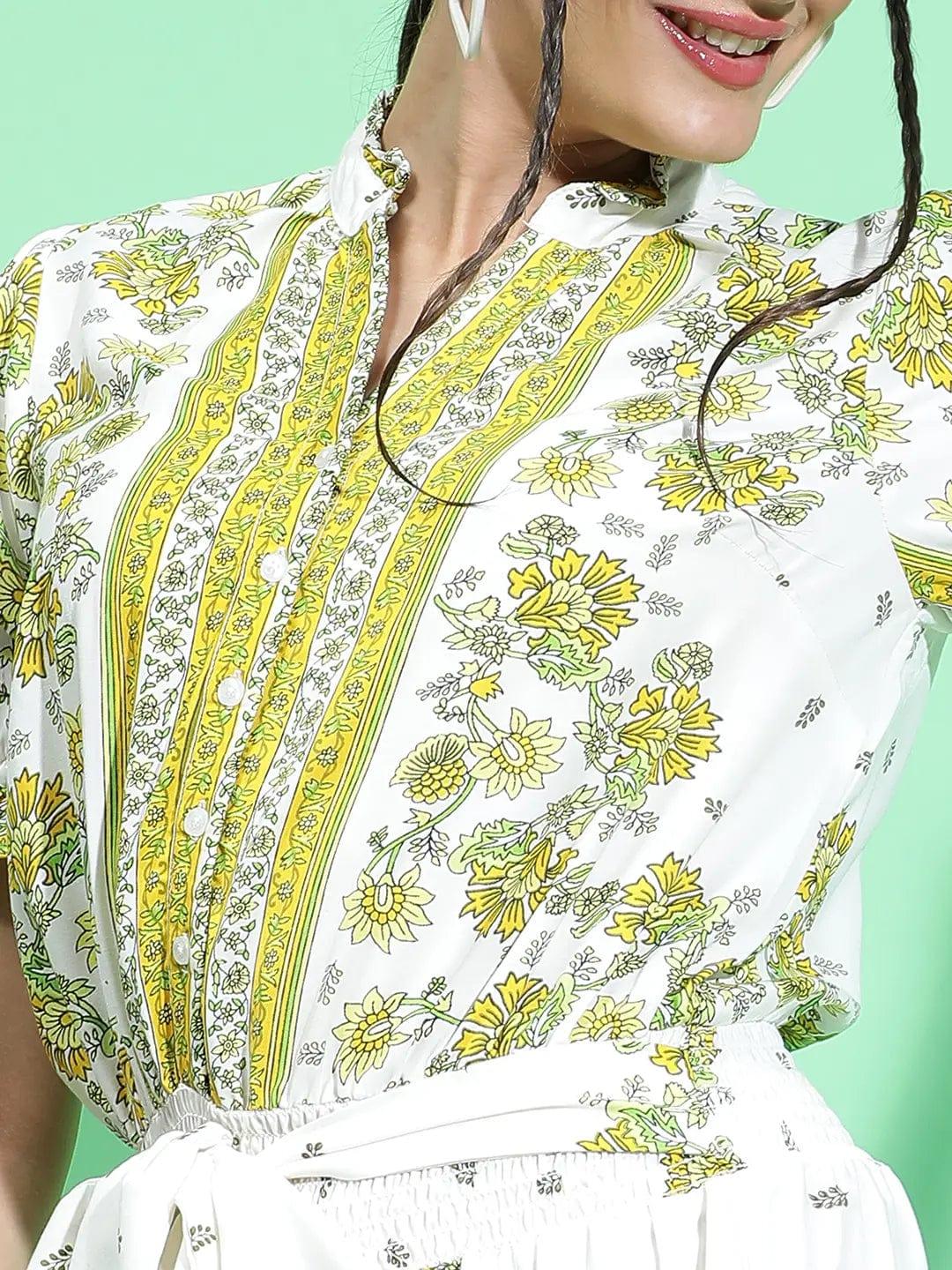 Lively Green Scarf Floral Print Waist Tie-Knot Belt Detail Women Dress - Image 6