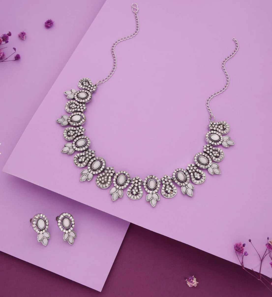 Lohri - Rhodium Plated Zircons Studded Contemporary Party Wear Necklace Set - White