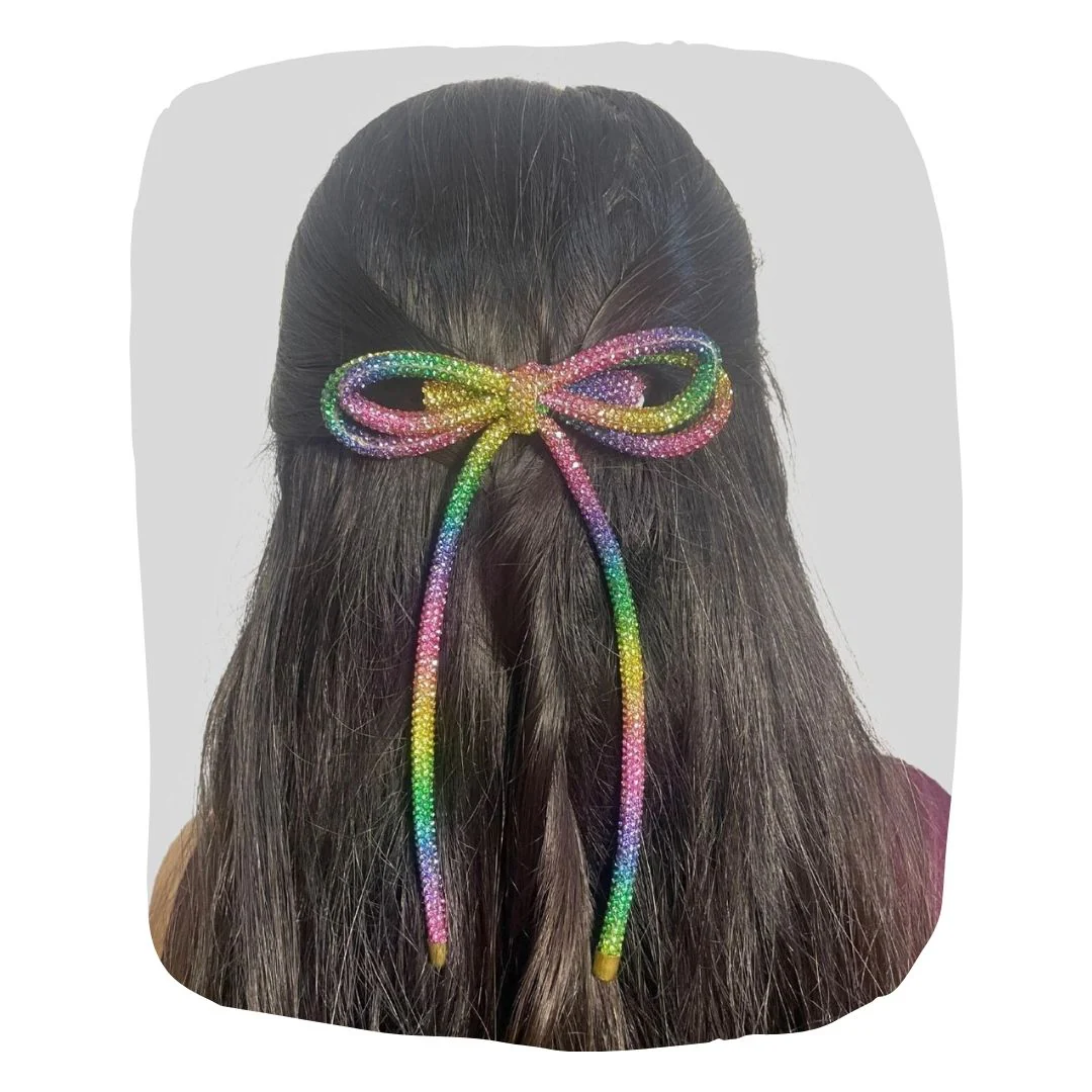 Long Tail Double Layered Rhinestone Cord Hair Bow For Girls