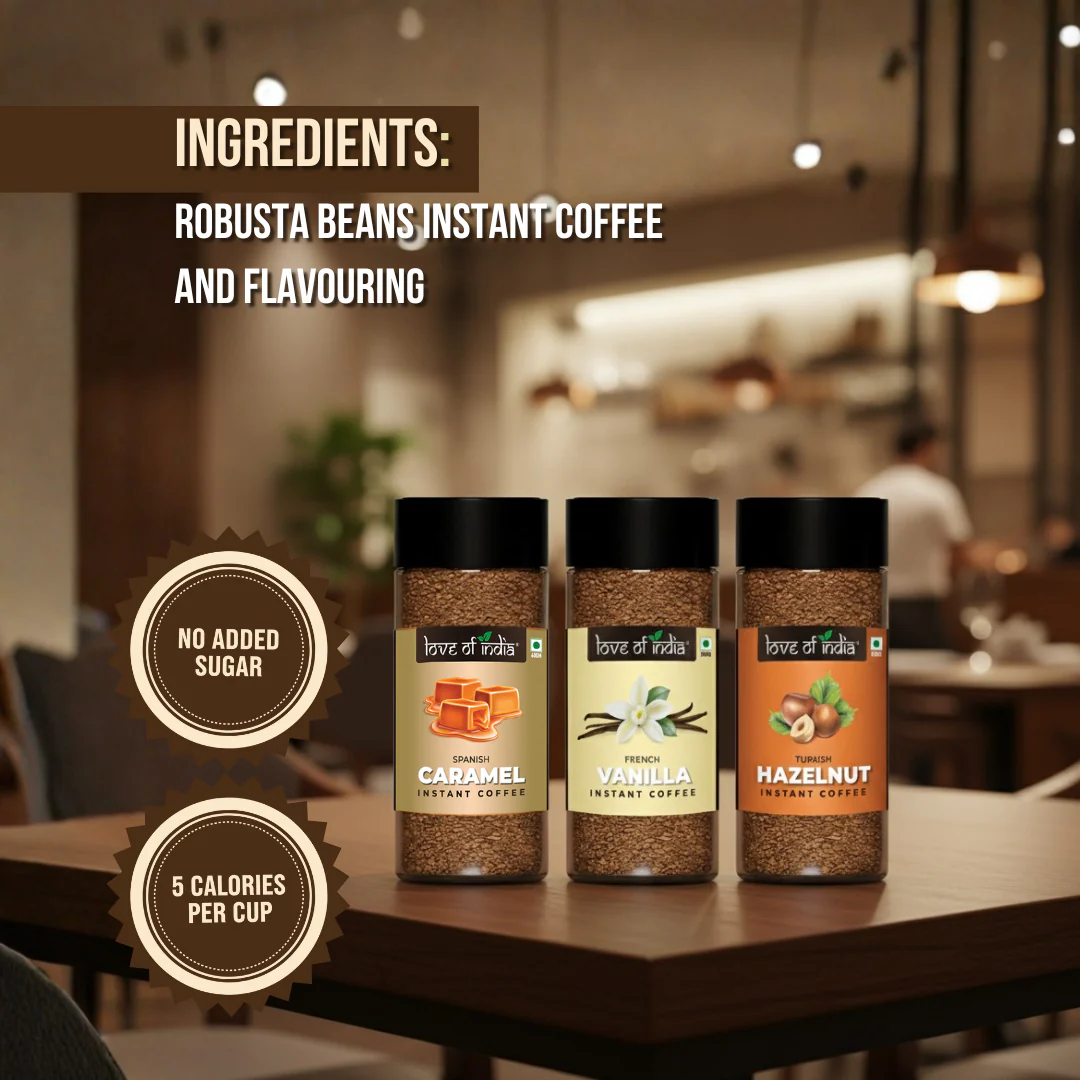 Love of India Assorted Flavoured Coffee Combo – Hazelnut, Caramel & Vanilla | Instant Gourmet Coffee - Image 2