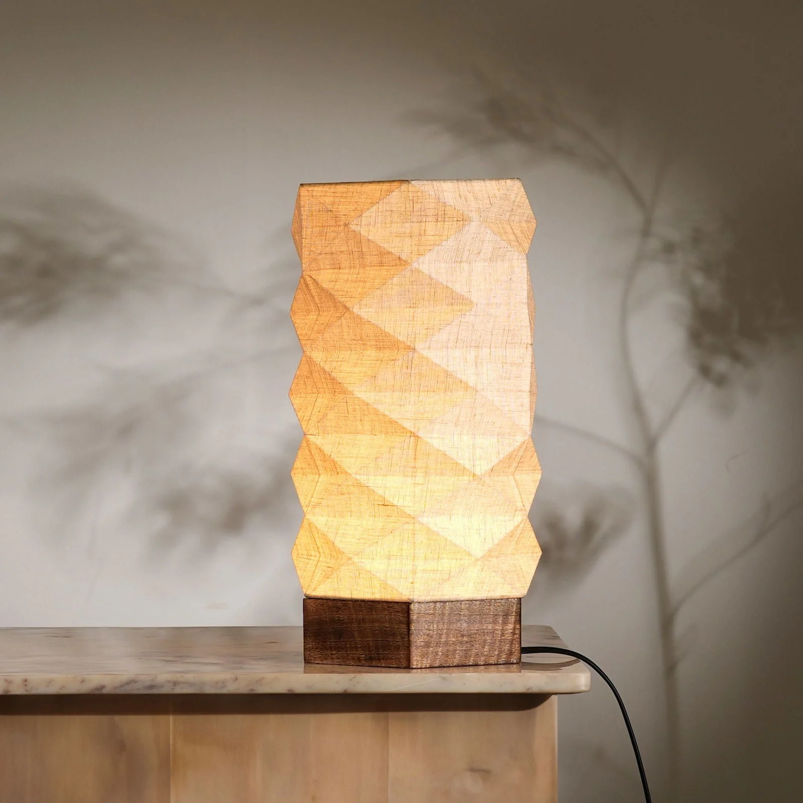Lumi Hexa Table Lamp - Origami Inspired Design, 100% European Linen, Mango Wood Base