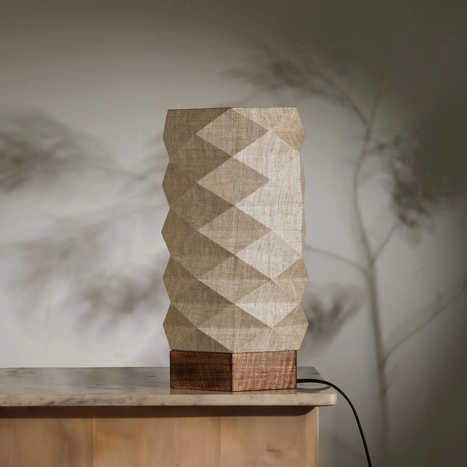 Lumi Hexa Table Lamp - Origami Inspired Design, 100% European Linen, Mango Wood Base - Image 2
