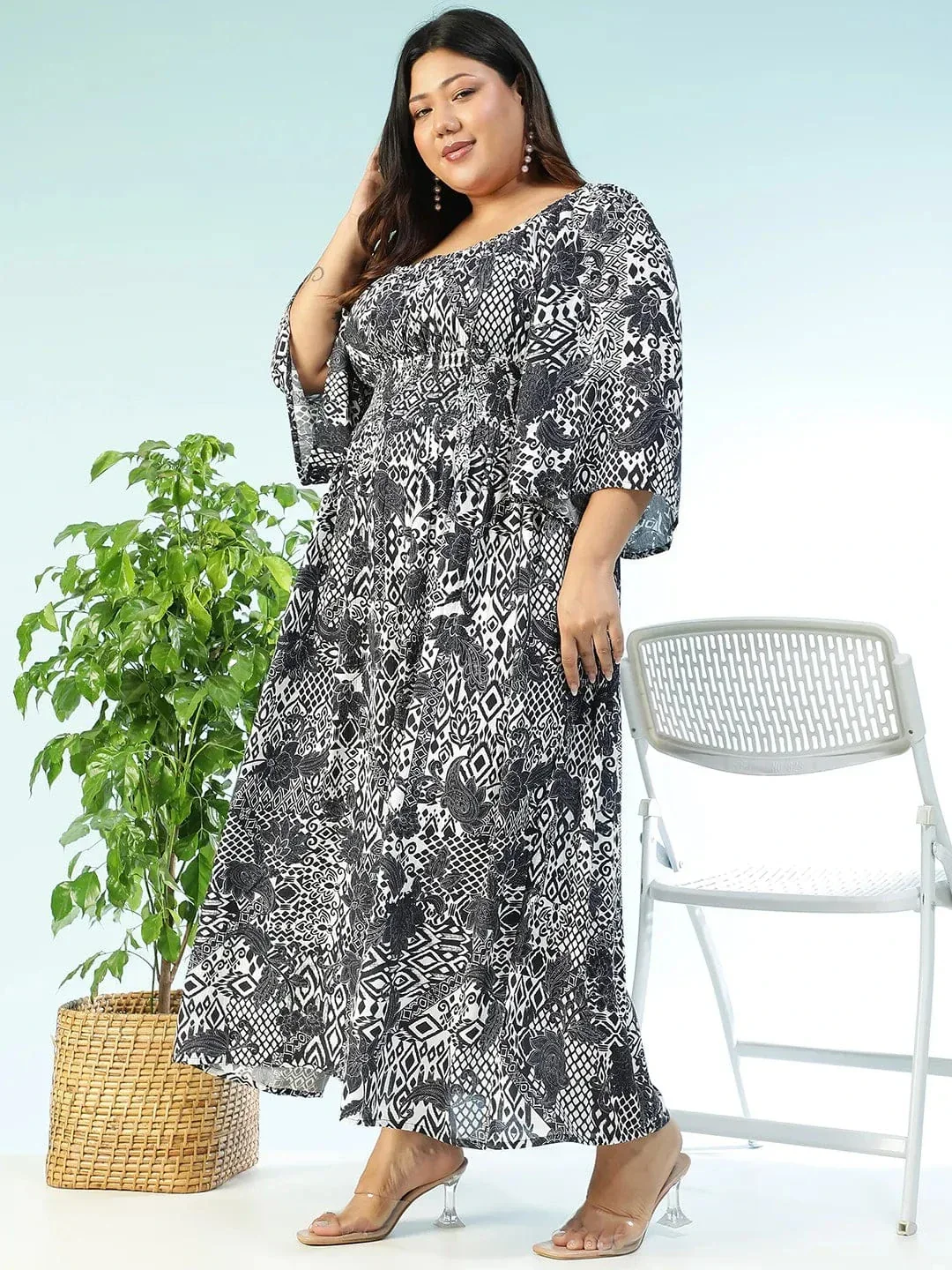 Lushcore Black Floral Print Long Sleeve Smocked Long Flare Plus Size Women Dress - Image 4