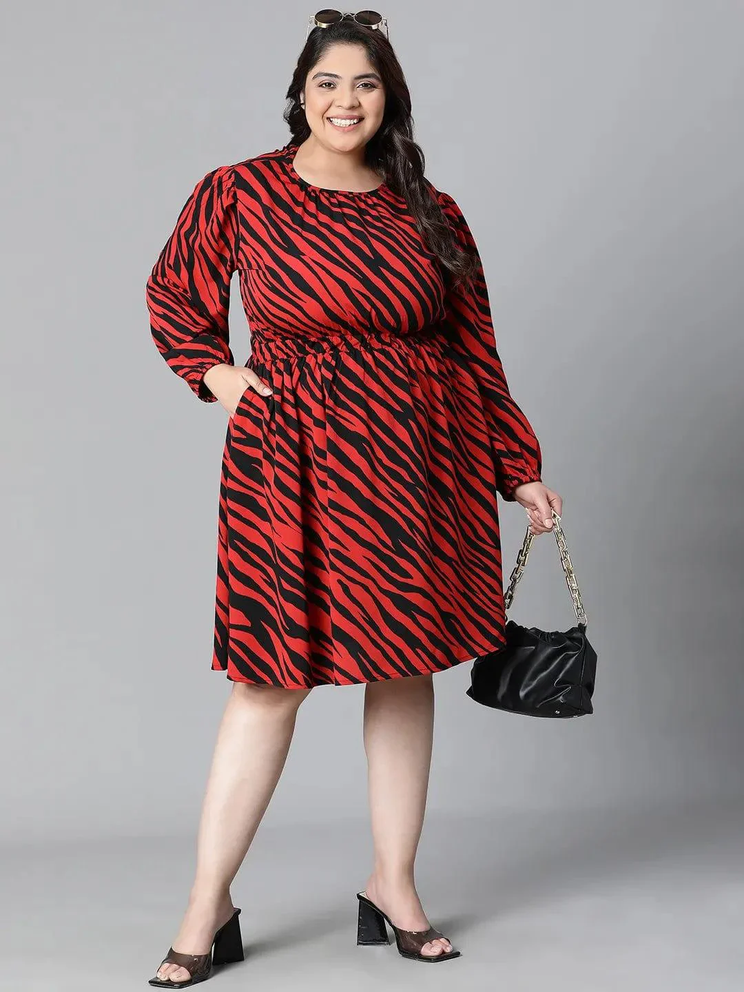 Lustrous Red Zebra Print Elasticated Plus Size Curvy Women Knee-length Dress - Image 7