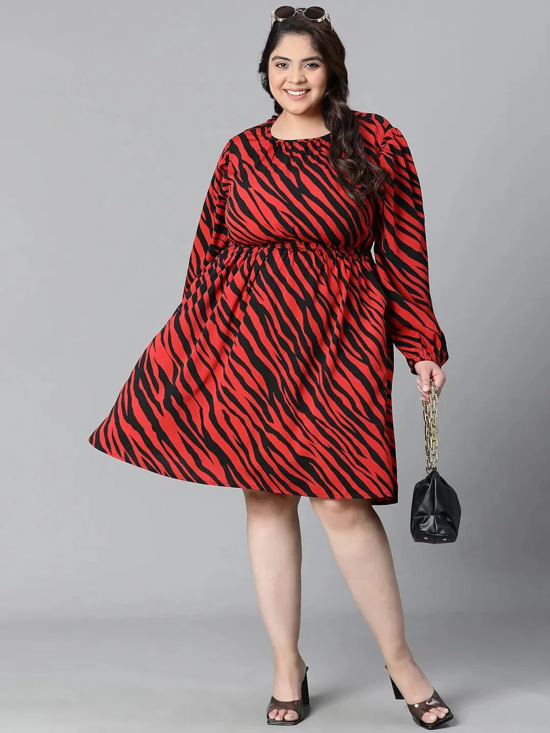Lustrous Red Zebra Print Elasticated Plus Size Curvy Women Knee-length Dress - Image 8