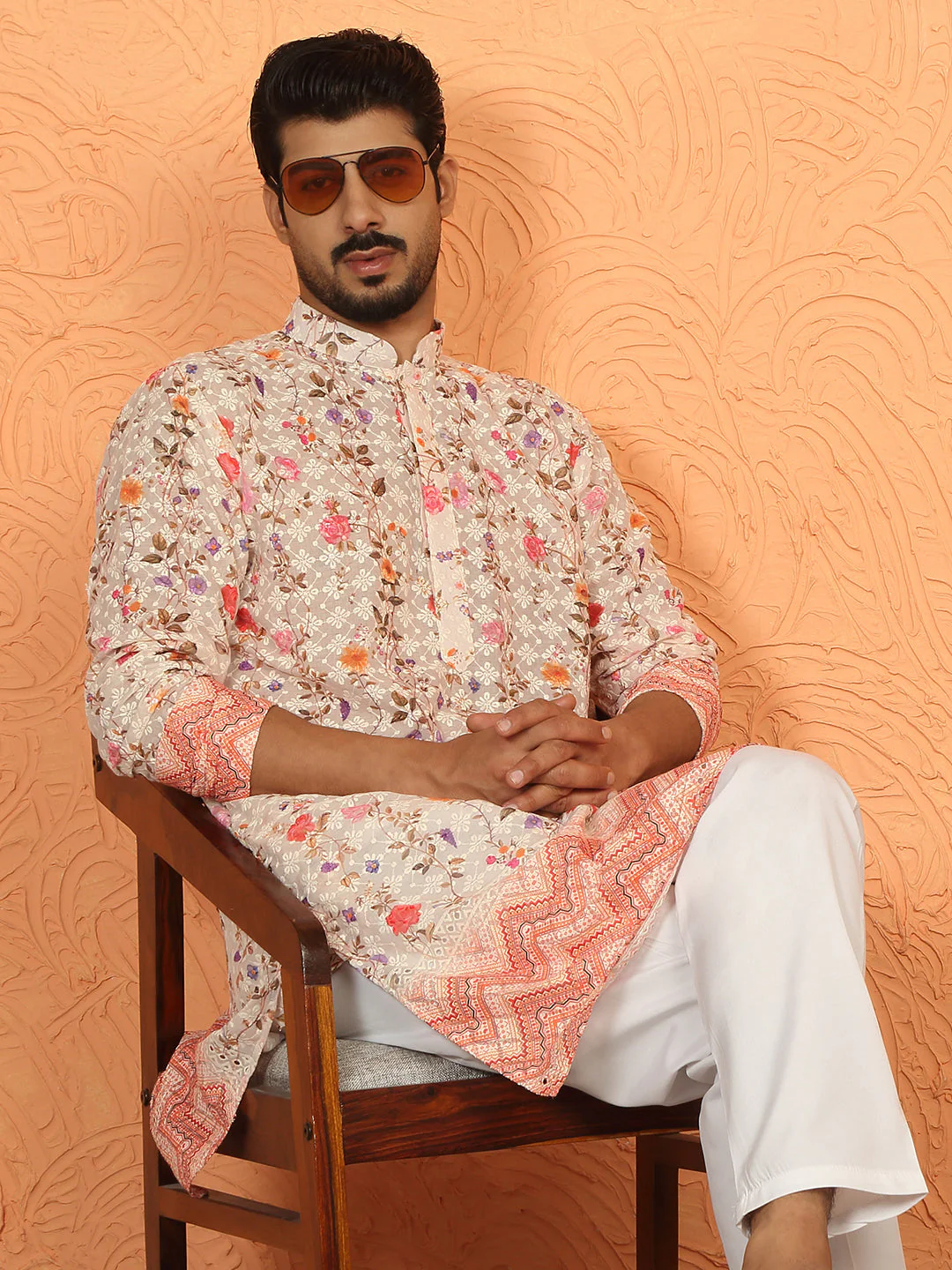 LUXE-Cotton Embroidered Sequin Chikan Floral Print Thread Work Kurta - Image 119