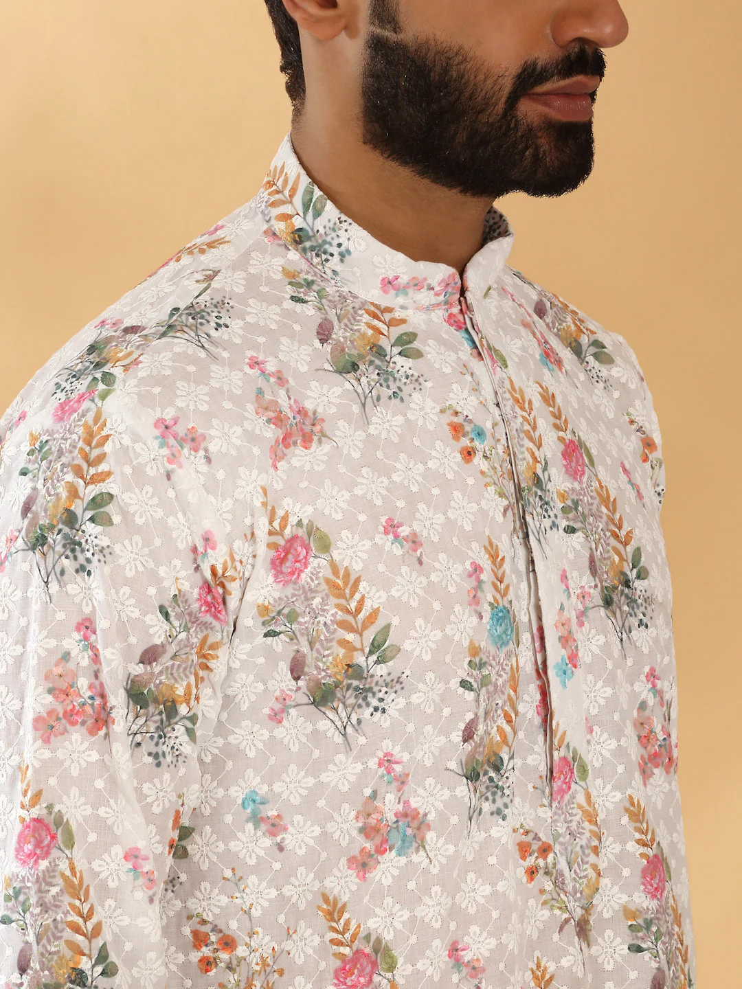 LUXE-Cotton Embroidered Sequin Chikan Floral Print Thread Work Kurta - Image 13