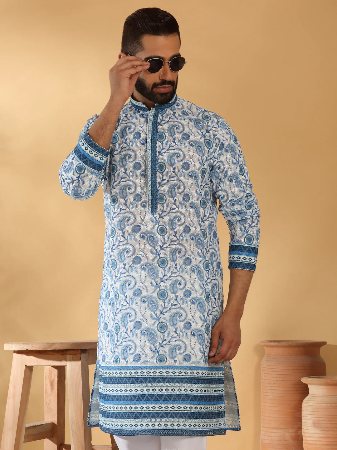 LUXE-Cotton Embroidered Sequin Chikan Floral Print Thread Work Kurta - Image 193