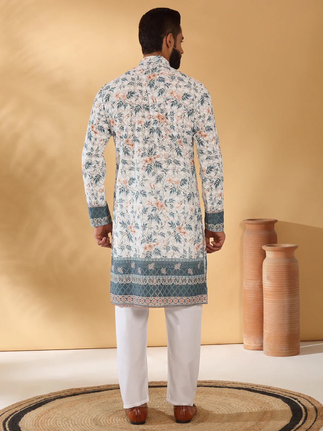 LUXE-Cotton Embroidered Sequin Chikan Floral Print Thread Work Kurta - Image 2