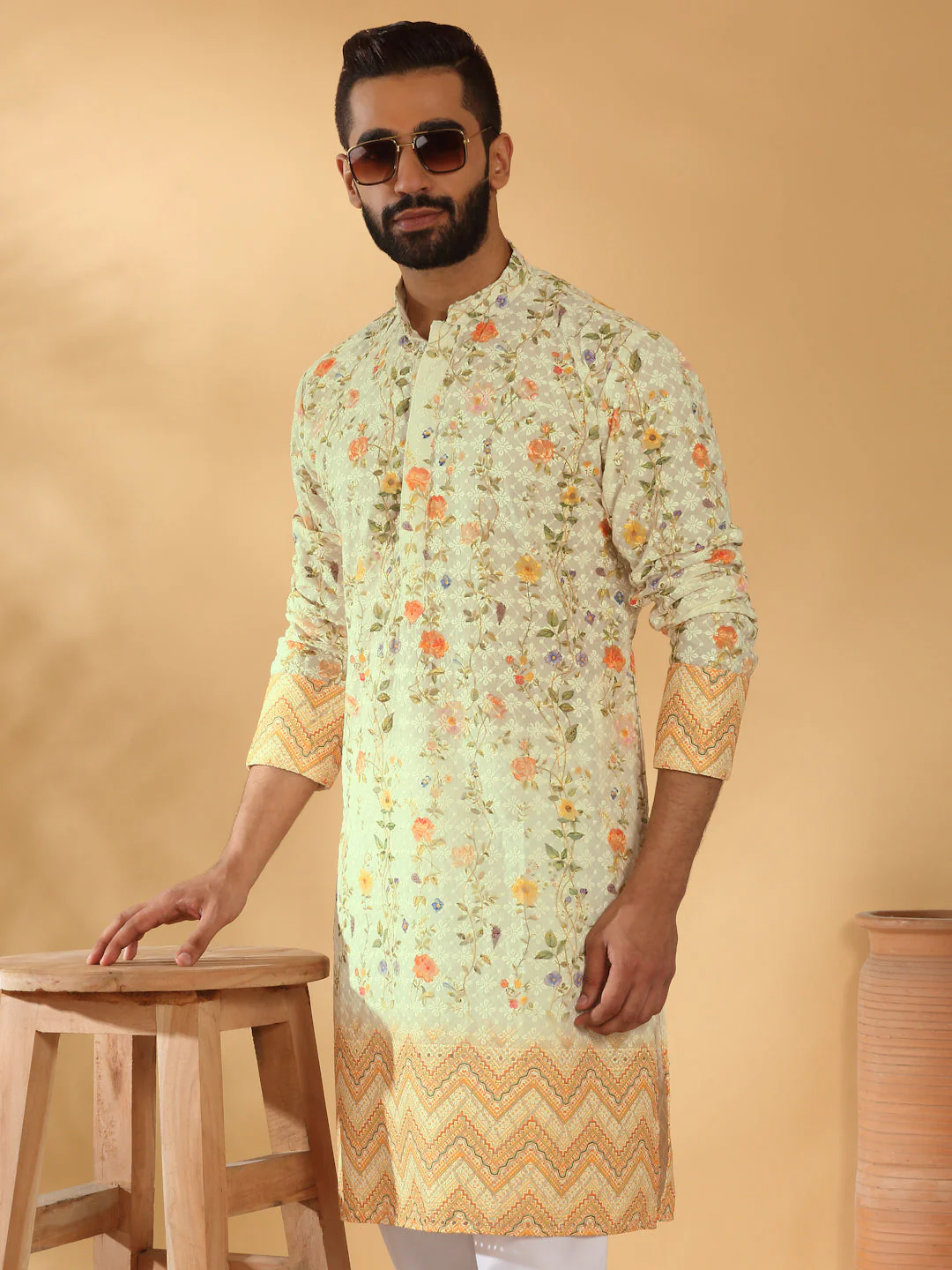 LUXE-Cotton Embroidered Sequin Chikan Floral Print Thread Work Kurta - Image 207