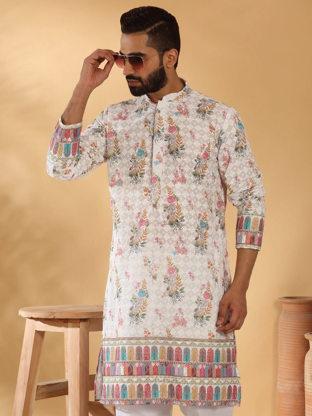 LUXE-Cotton Embroidered Sequin Chikan Floral Print Thread Work Kurta - Image 55