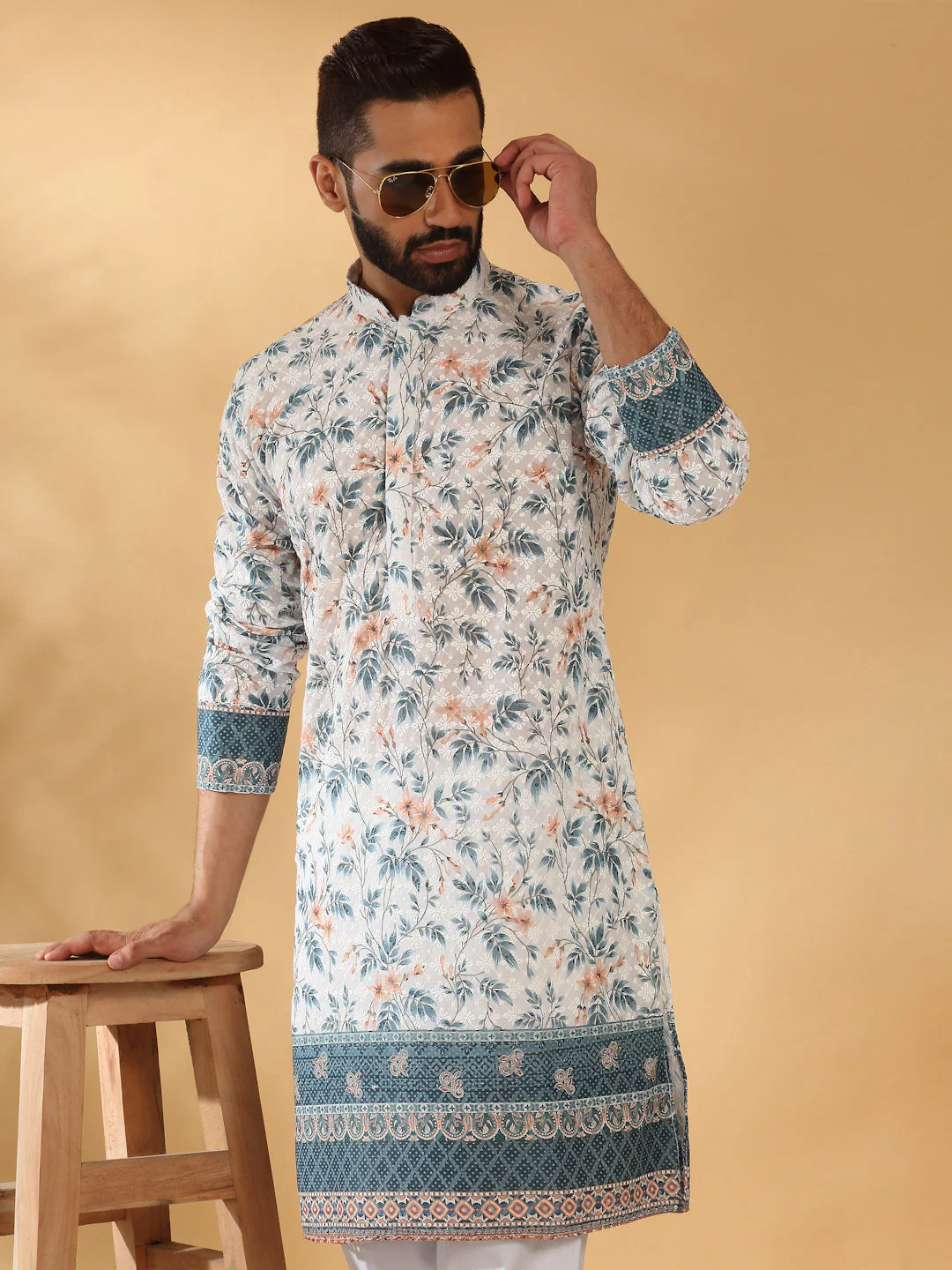 LUXE-Cotton Embroidered Sequin Chikan Floral Print Thread Work Kurta - Image 81