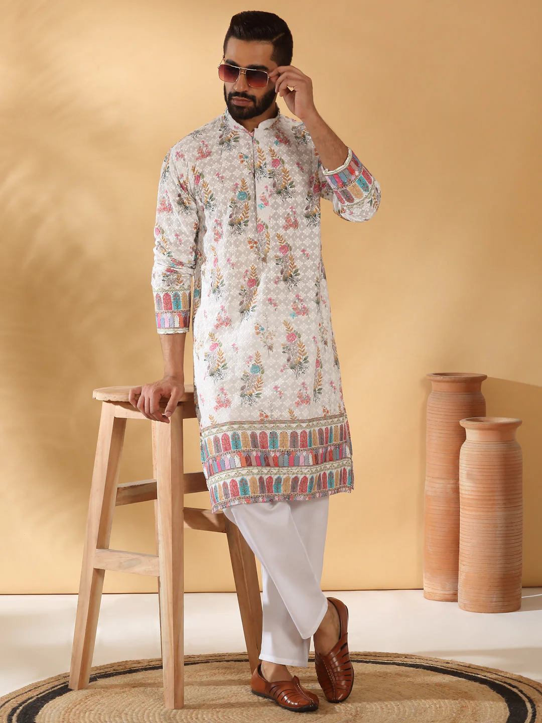 LUXE- Cotton Embroidered Sequin Chikan Floral Printed Thread Work Kurta With Cotton Blend White Pyjama set - Image 116