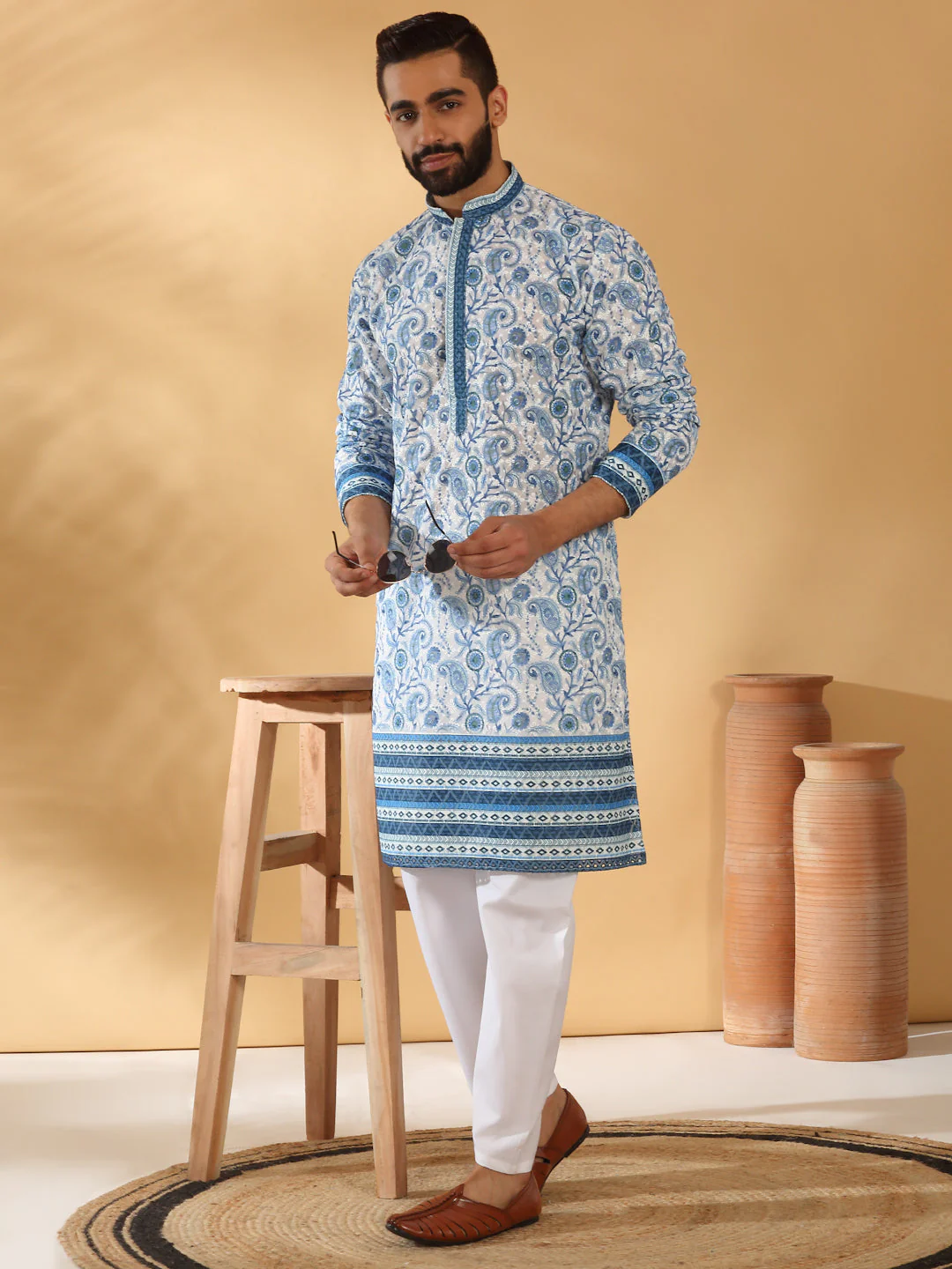 LUXE- Cotton Embroidered Sequin Chikan Floral Printed Thread Work Kurta With Cotton Blend White Pyjama set - Image 117