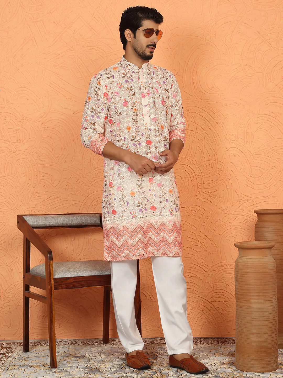LUXE- Cotton Embroidered Sequin Chikan Floral Printed Thread Work Kurta With Cotton Blend White Pyjama set - Image 132