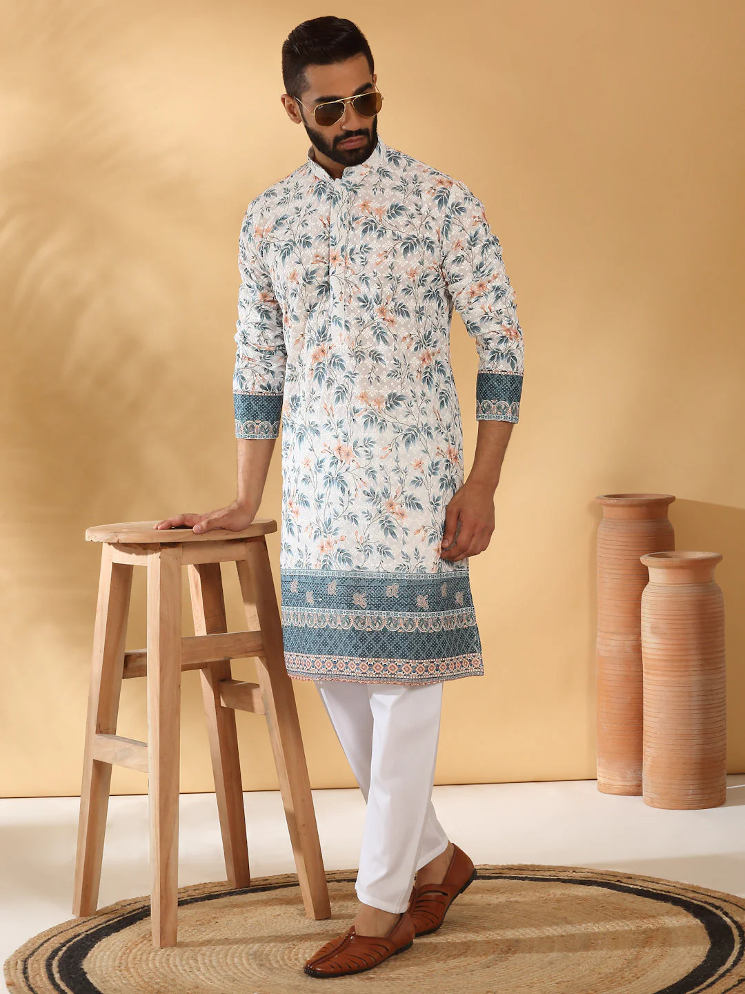 LUXE- Cotton Embroidered Sequin Chikan Floral Printed Thread Work Kurta With Cotton Blend White Pyjama set - Image 198