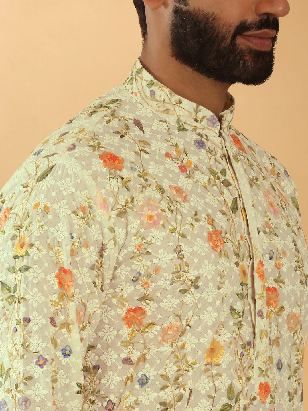 LUXE- Cotton Embroidered Sequin Chikan Floral Printed Thread Work Kurta With Cotton Blend White Pyjama set - Image 21