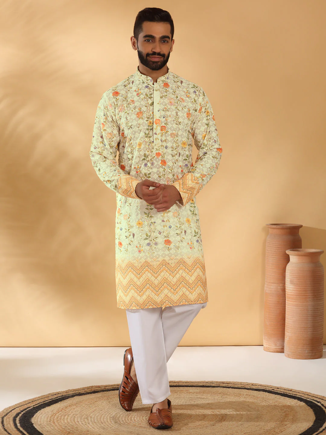 LUXE- Cotton Embroidered Sequin Chikan Floral Printed Thread Work Kurta With Cotton Blend White Pyjama set - Image 24