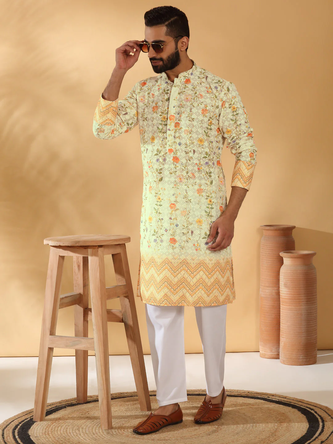 LUXE- Cotton Embroidered Sequin Chikan Floral Printed Thread Work Kurta With Cotton Blend White Pyjama set - Image 69