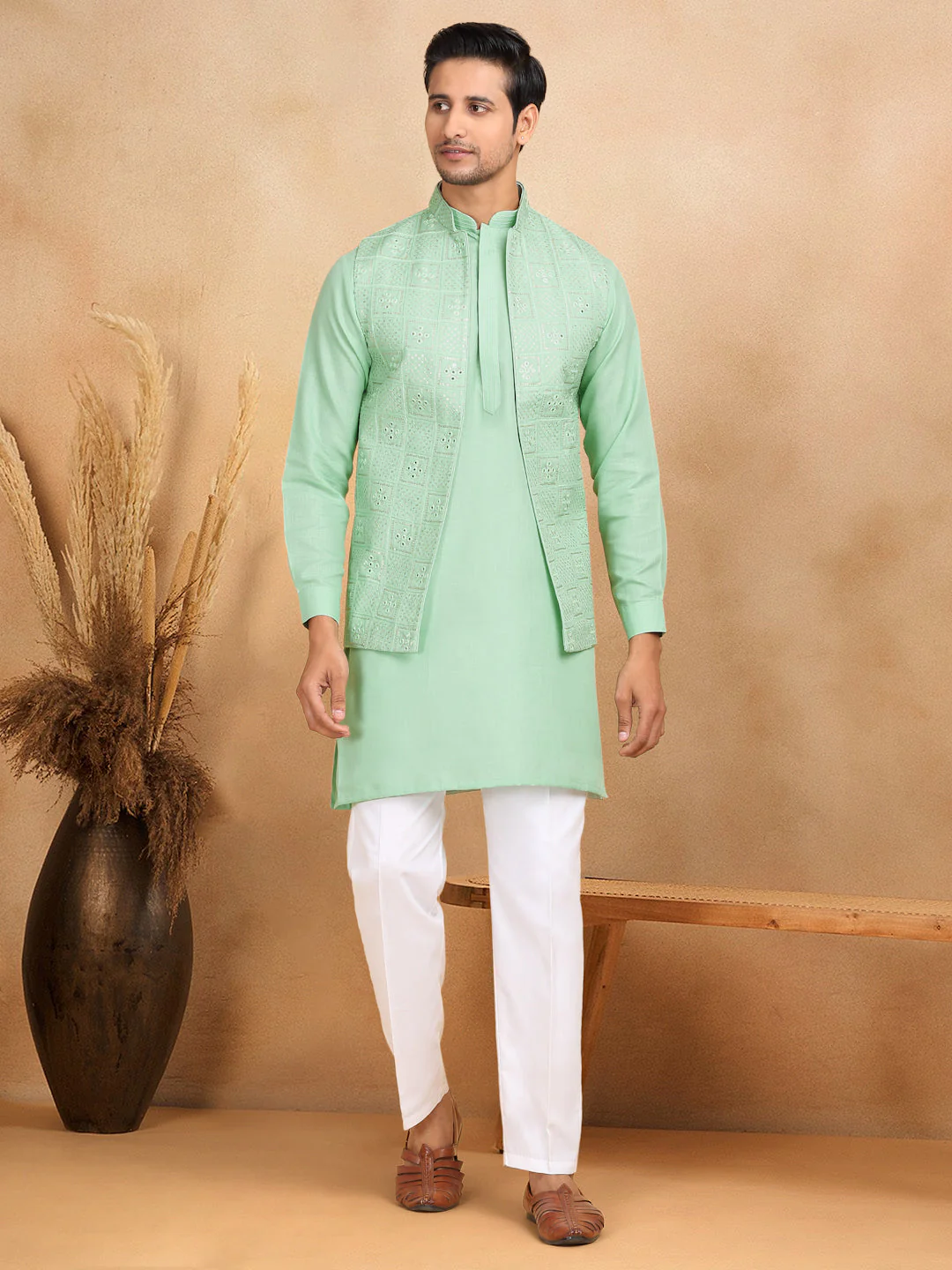 LUXE- Cotton Regular Straight Kurta Trouser With Sequin Embroidery Open Nehru Jacket Set - Image 112
