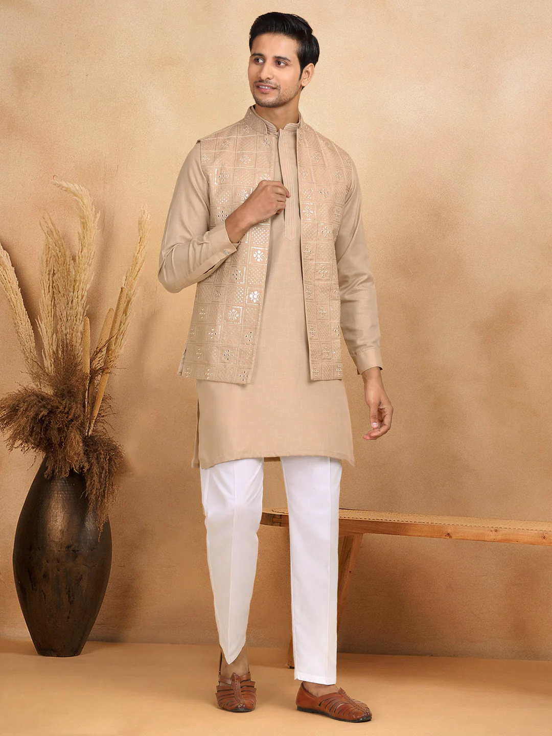LUXE- Cotton Regular Straight Kurta Trouser With Sequin Embroidery Open Nehru Jacket Set - Image 118