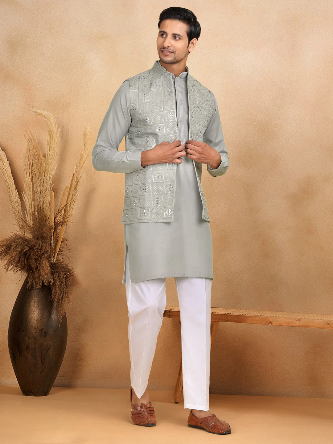 LUXE- Cotton Regular Straight Kurta Trouser With Sequin Embroidery Open Nehru Jacket Set - Image 171