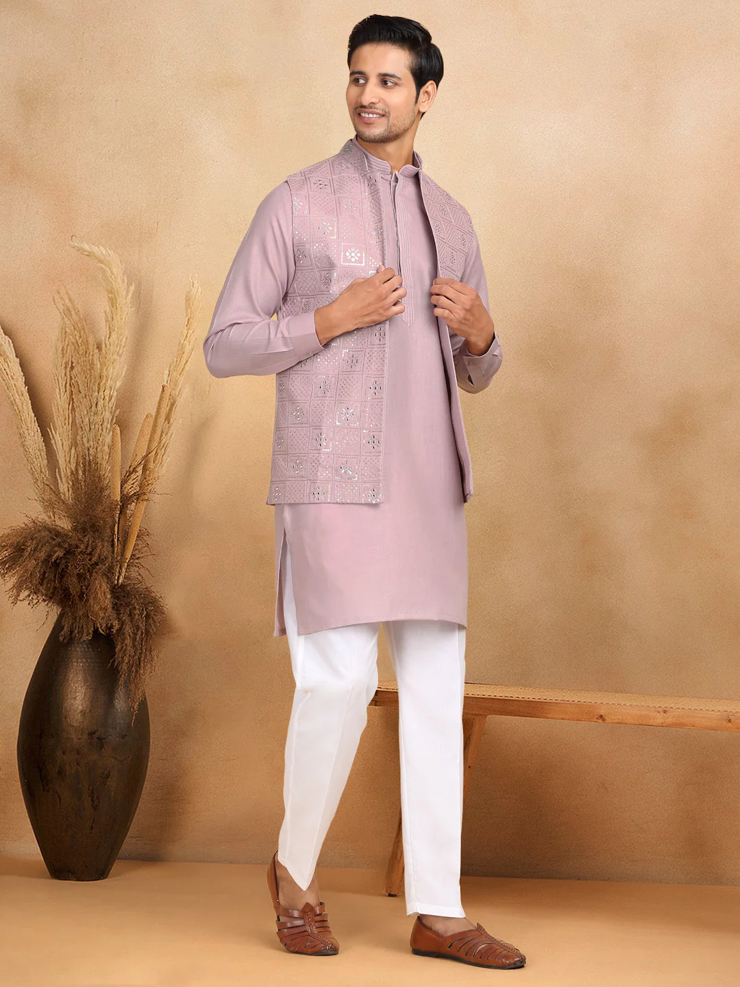 LUXE- Cotton Regular Straight Kurta Trouser With Sequin Embroidery Open Nehru Jacket Set - Image 214