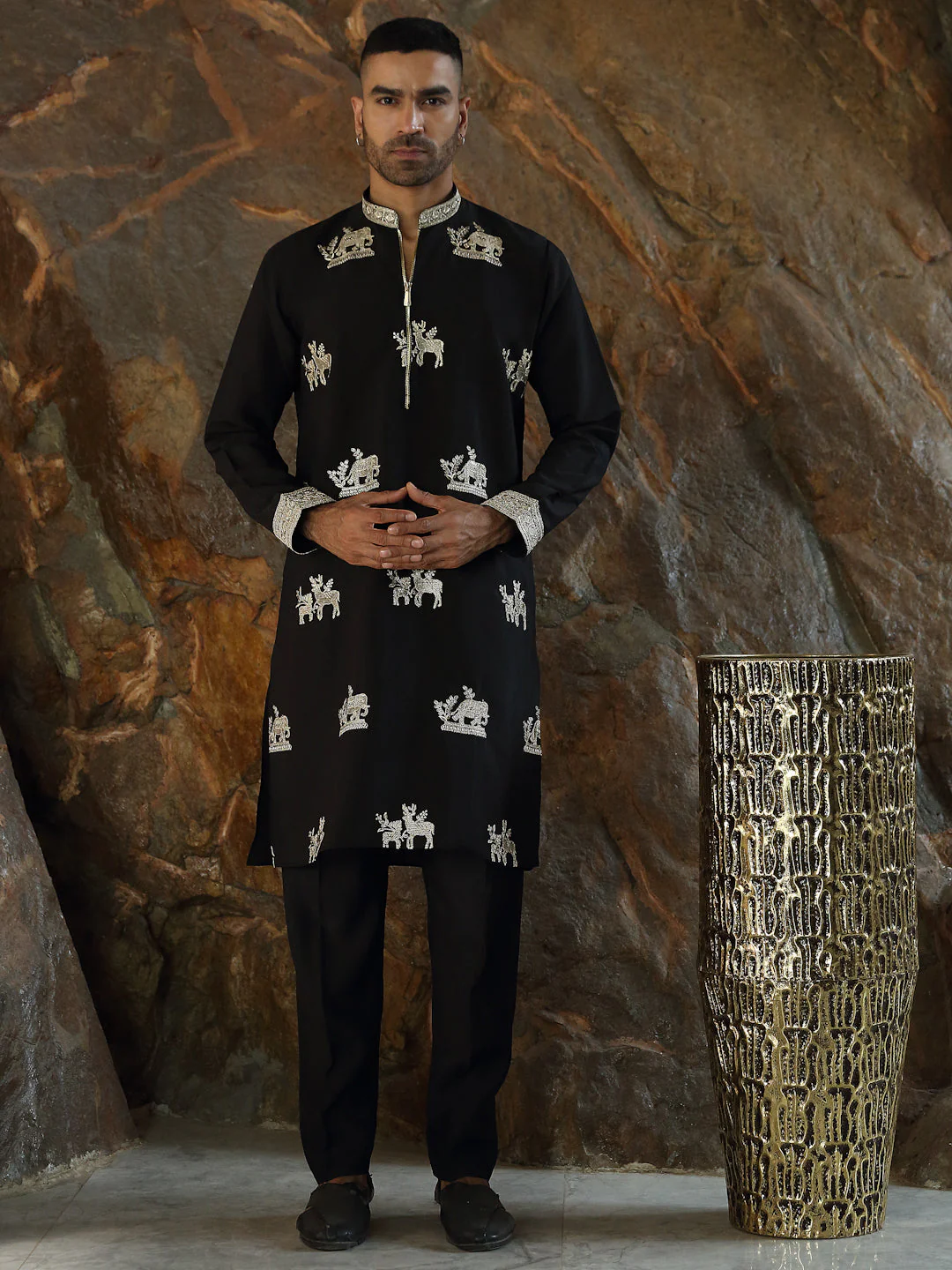 LUXE- Cotton Silk Animal Embroidered Zipper Placket Mandarin Collar Ethnic Motif Kurta With Matching Cotton Silk Trouser Pant - Image 6