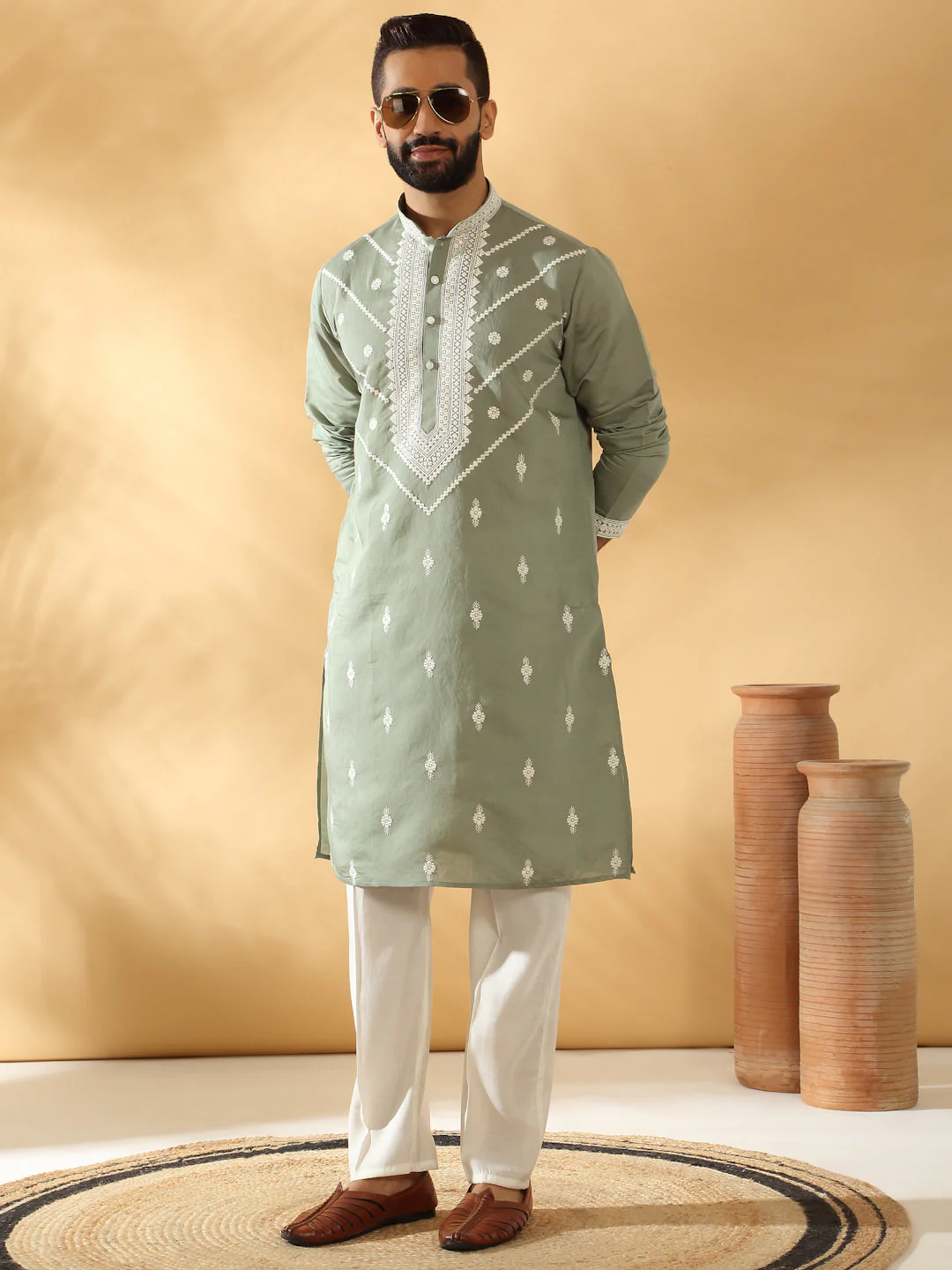 LUXE- Cotton Silk Beads Work Yoke Design Embroidered Sequin Kurta With Cotton Silk Trouser Pant set - Image 7