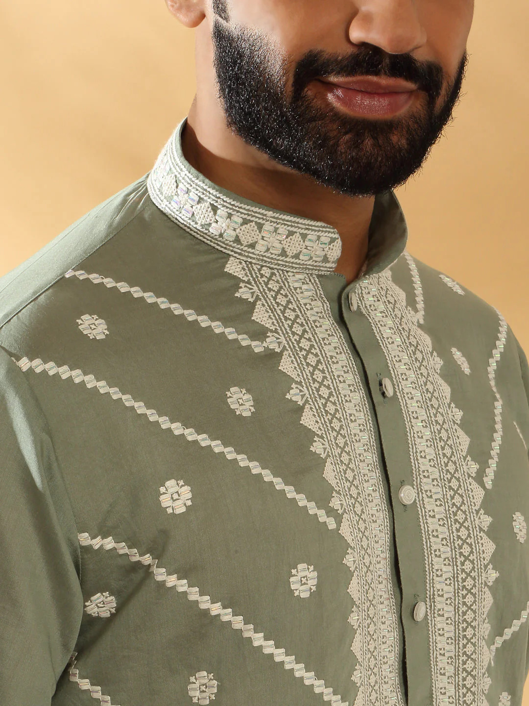 LUXE- Cotton Silk Beads Work Yoke Design Embroidered Sequin Kurta With Cotton Silk Trouser Pant set - Image 9