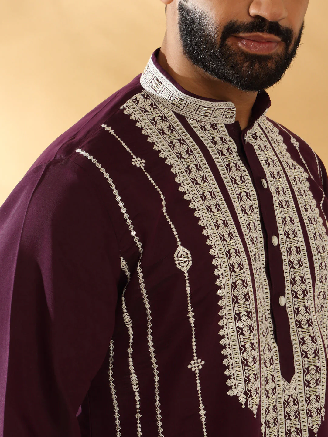 LUXE- Cotton Silk Beads Work Zari Embroidered Sequin Kurta - Image 13