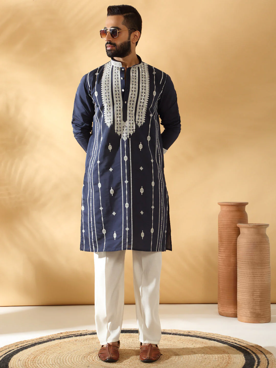 LUXE- Cotton Silk Beads Work Zari Embroidered Sequin Kurta With Cotton Silk Trouser Pant set - Image 6