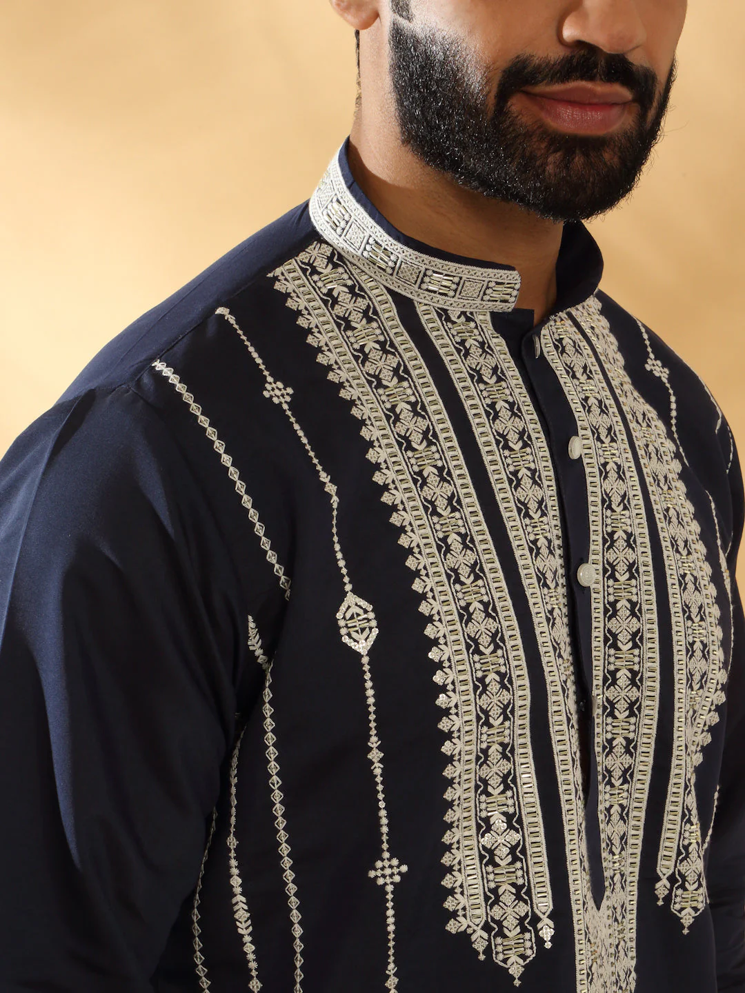 LUXE- Cotton Silk Beads Work Zari Embroidered Sequin Kurta With Cotton Silk Trouser Pant set - Image 8