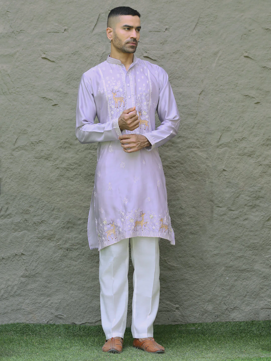LUXE- Cotton Silk Deer Motif and Mandarin Collar Embroidered Kurta - Image 10