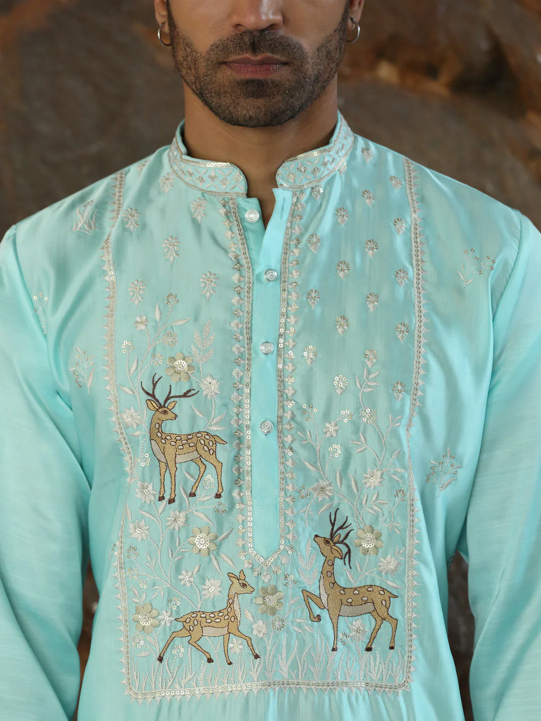 LUXE- Cotton Silk Deer Motif and Mandarin Collar Embroidered Kurta - Image 13