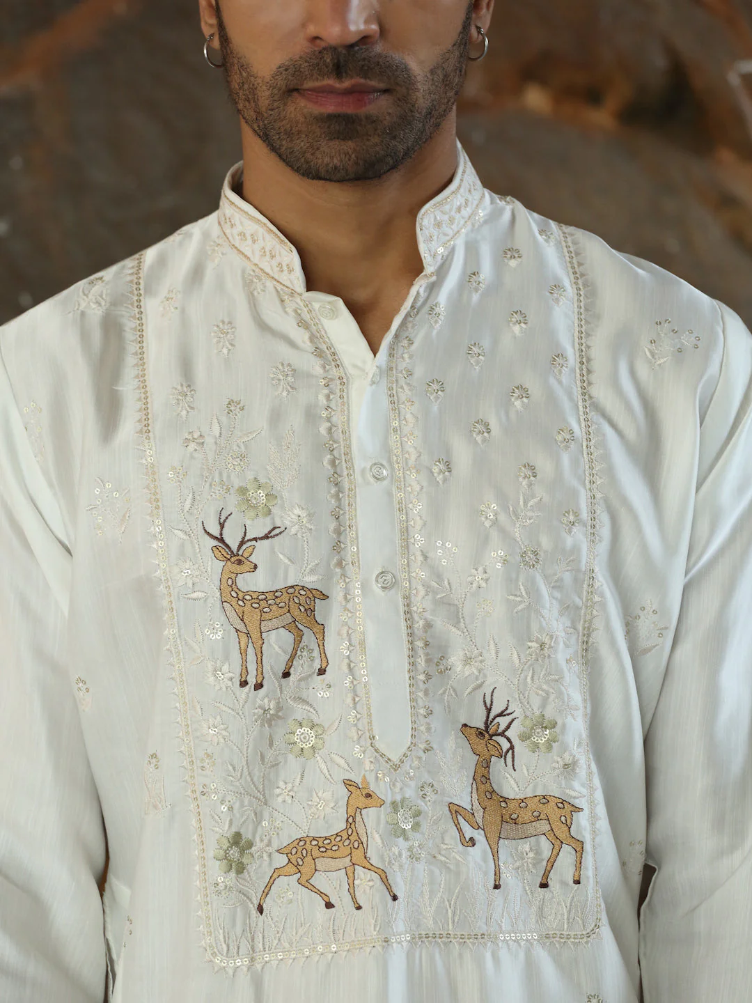 LUXE- Cotton Silk Deer Motif and Mandarin Collar Embroidered Kurta with Cream Cotton Silk Trouser Pant - Image 3