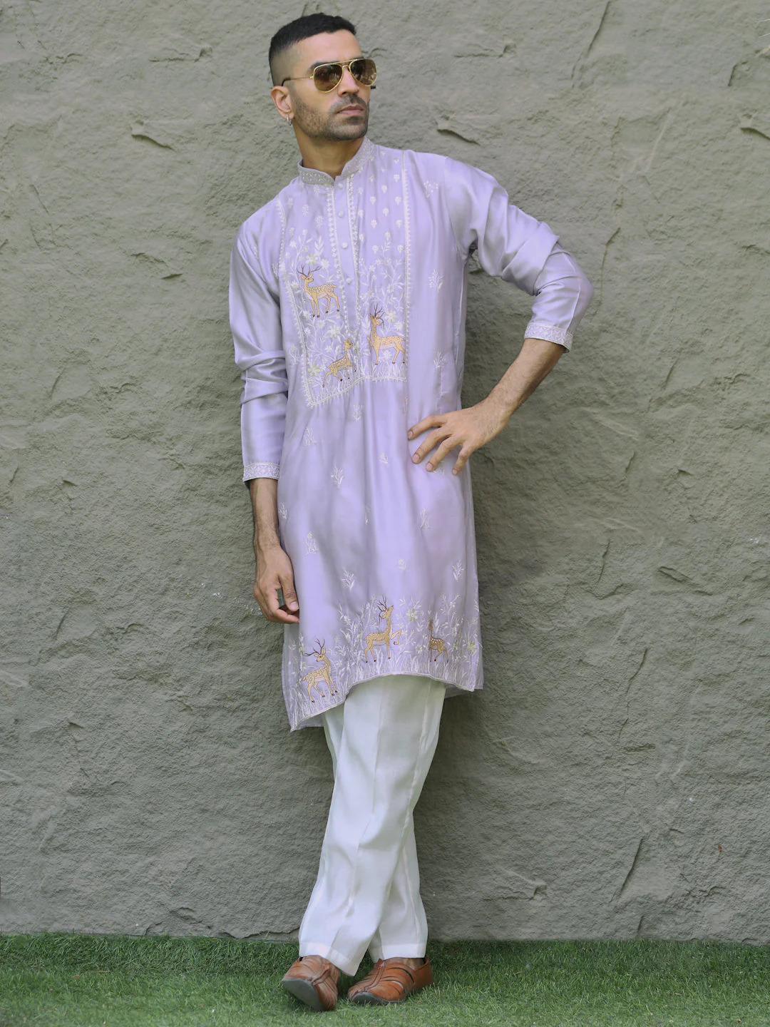 LUXE- Cotton Silk Deer Motif and Mandarin Collar Embroidered Kurta with Cream Cotton Silk Trouser Pant - Image 7