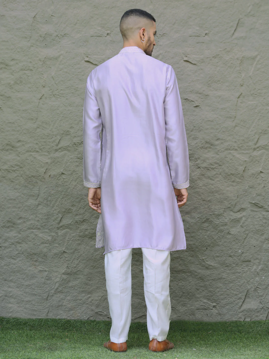 LUXE- Cotton Silk Deer Motif and Mandarin Collar Embroidered Kurta with Cream Cotton Silk Trouser Pant - Image 8
