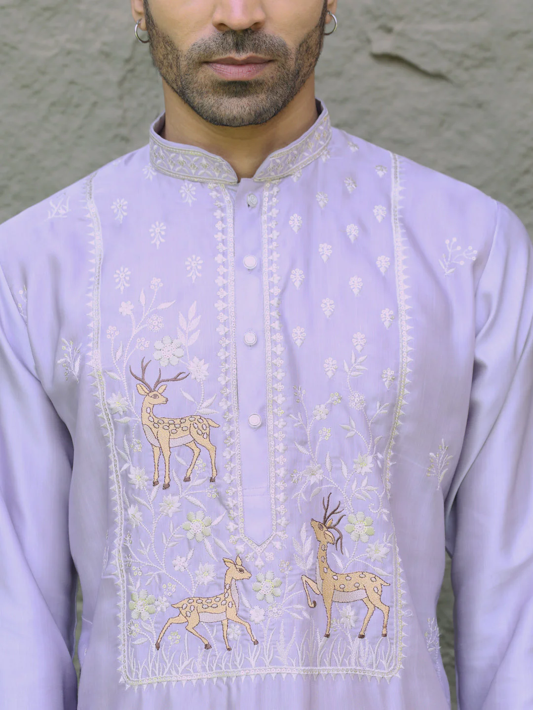 LUXE- Cotton Silk Deer Motif and Mandarin Collar Embroidered Kurta with Cream Cotton Silk Trouser Pant - Image 9