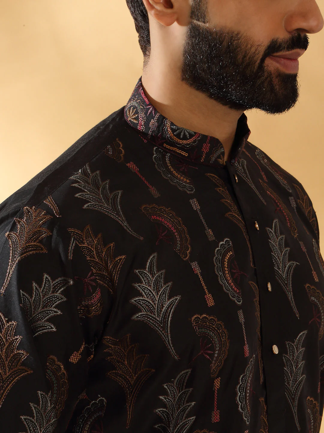 LUXE- Cotton Silk Embroidered Floral Work Kurta With Cotton Silk White Trouser Pant set - Image 3