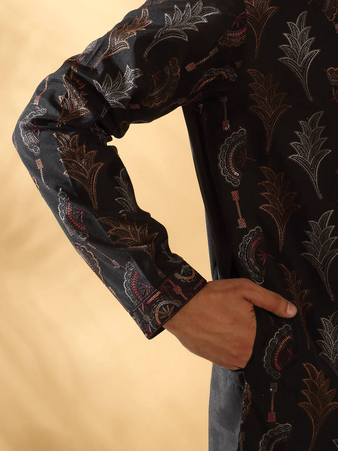 LUXE- Cotton Silk Embroidered Floral Work Kurta With Cotton Silk White Trouser Pant set - Image 5
