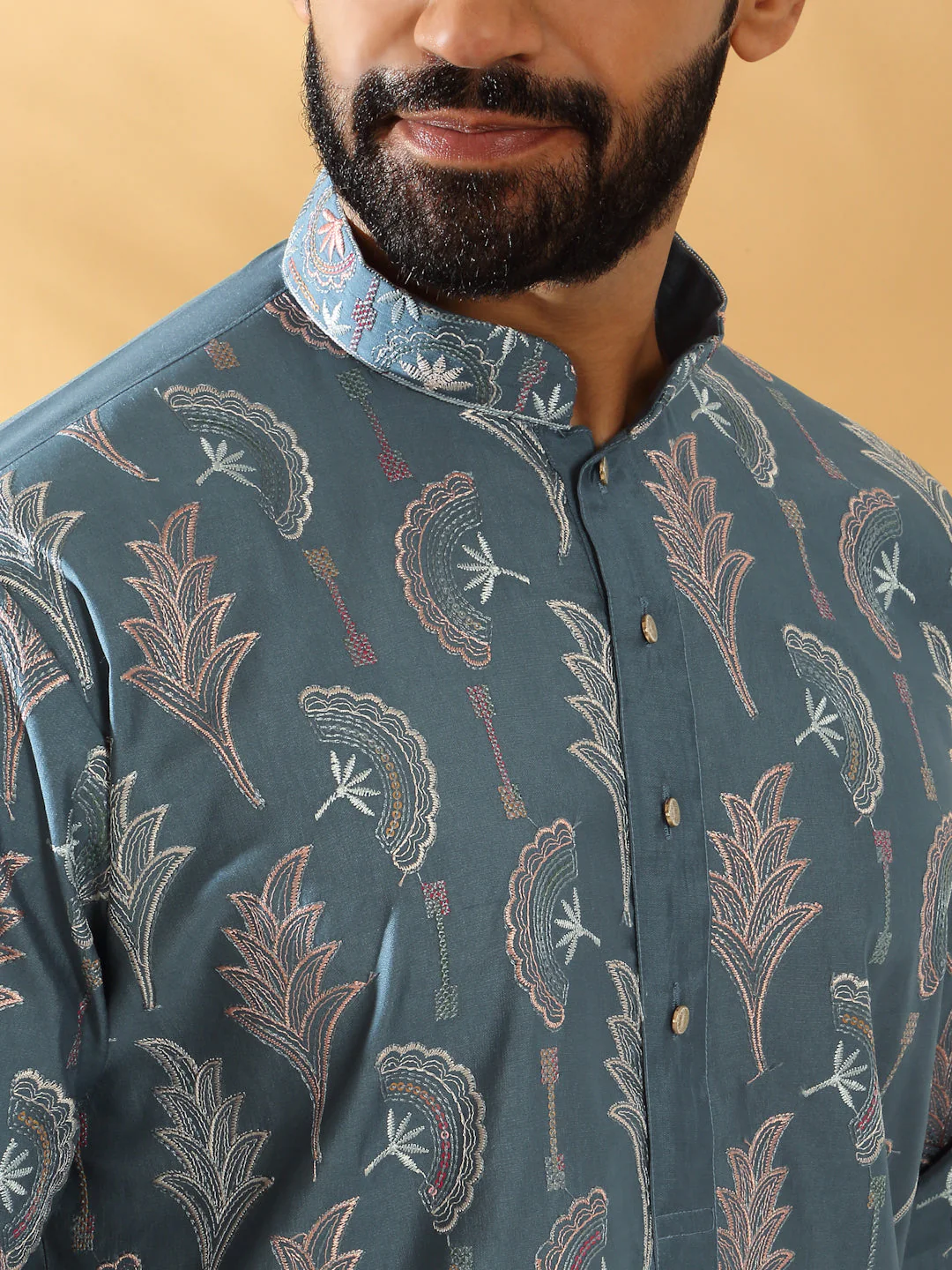 LUXE- Cotton Silk Embroidered Floral Work Kurta With Cotton Silk White Trouser Pant set - Image 9