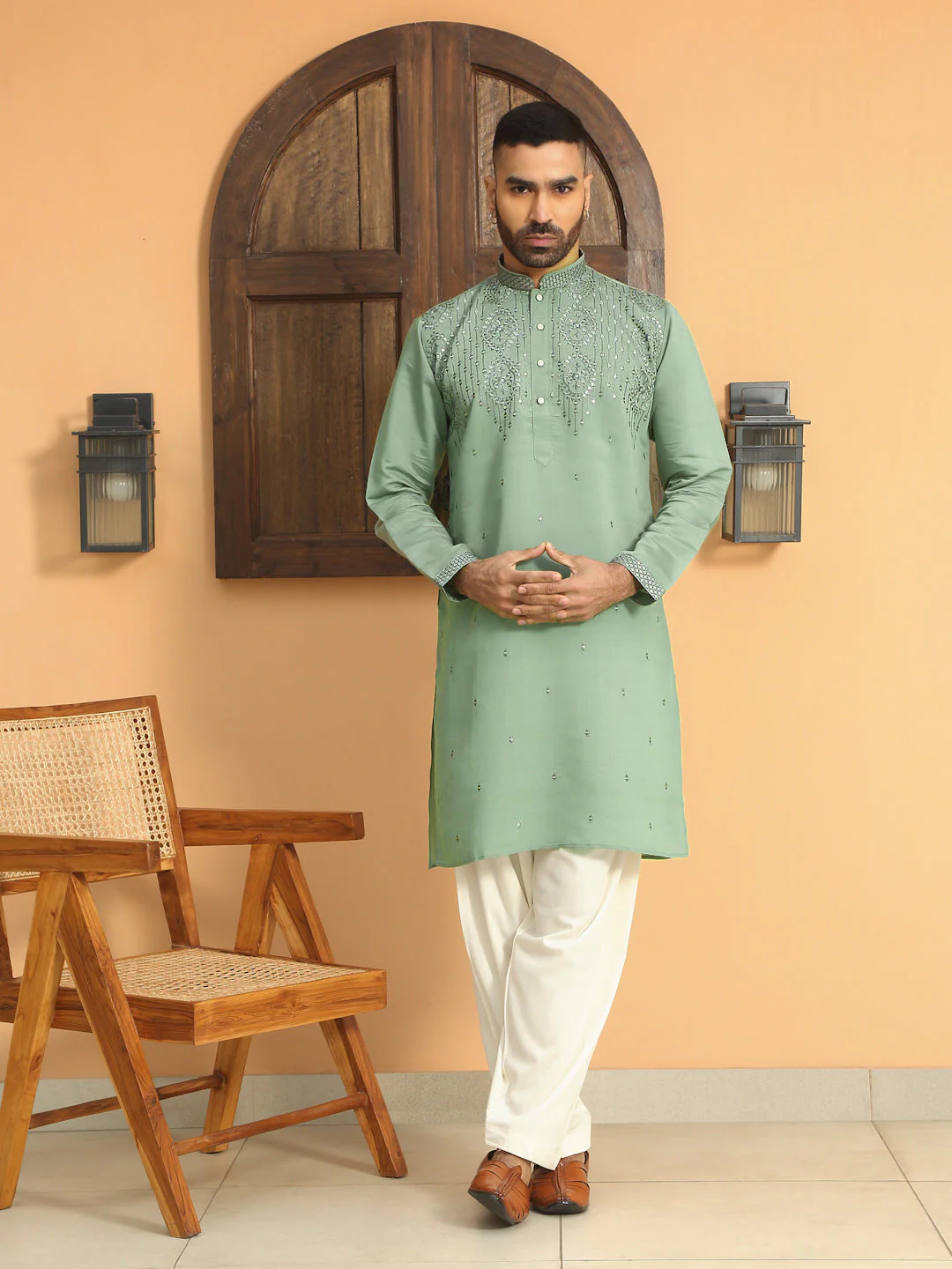 LUXE- Cotton Silk Embroidered Kurta with Sequins work & Cream patiala Salwar - Image 11