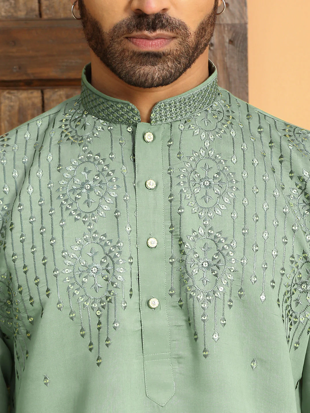 LUXE- Cotton Silk Embroidered Kurta with Sequins work & Cream patiala Salwar - Image 13