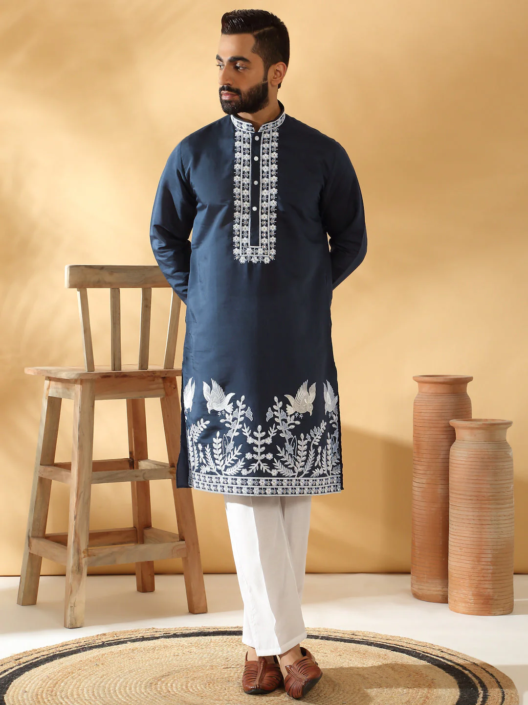 LUXE- Cotton Silk Embroidered Sequin Work Kurta With Cotton Silk White Trouser Pant set - Image 156