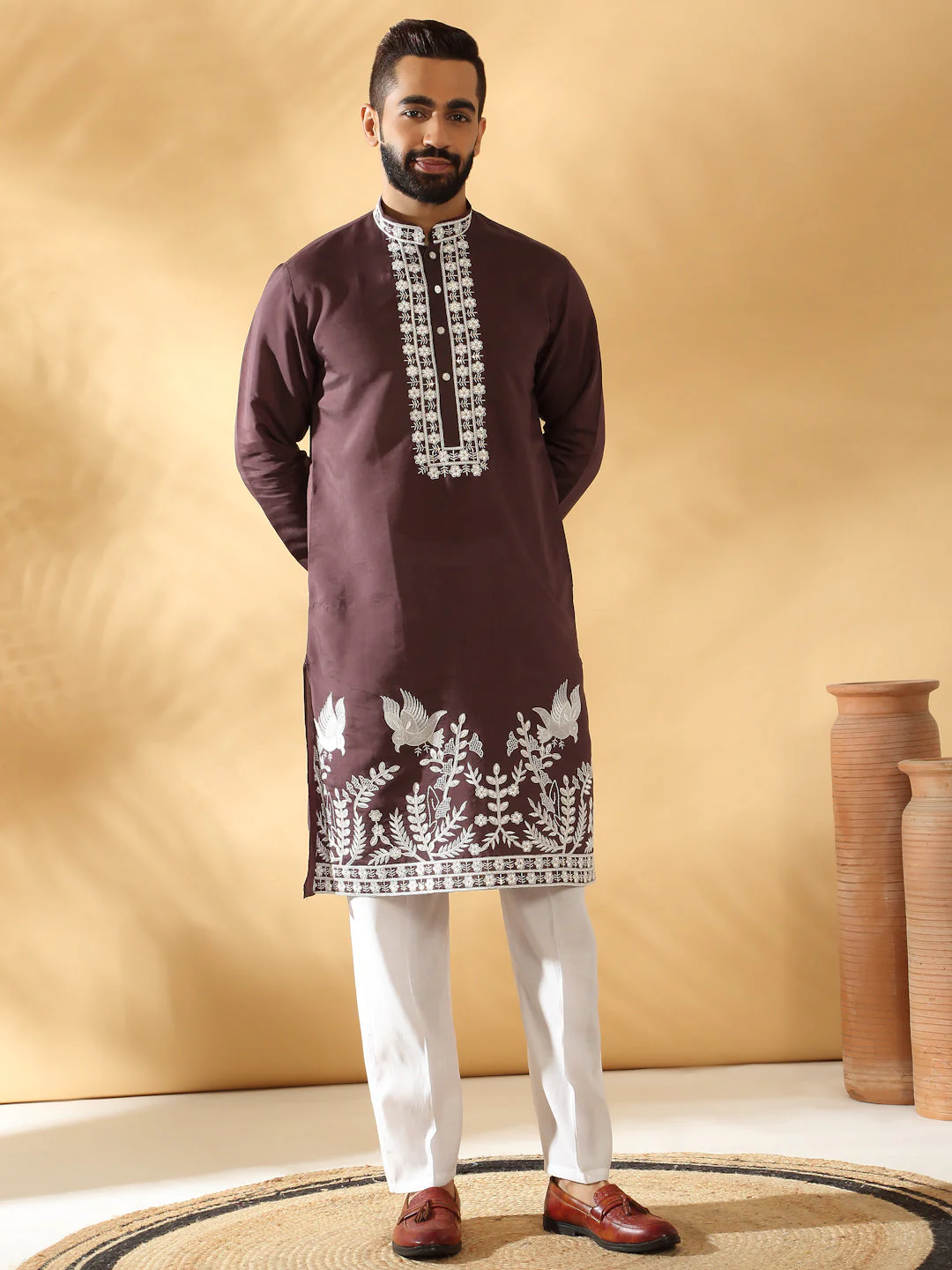 LUXE- Cotton Silk Embroidered Sequin Work Kurta With Cotton Silk White Trouser Pant set - Image 87
